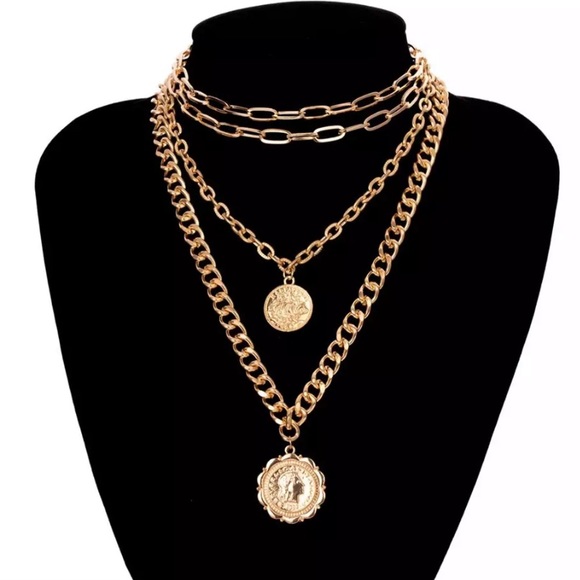 Multi Layer Thick Choker Coin Pendant Necklace - Picture 2 of 6